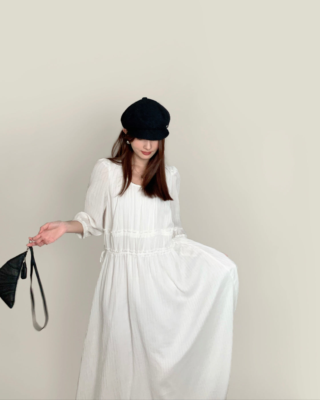 Commute-style short-sleeved fitted round-neck loose-fitting dress