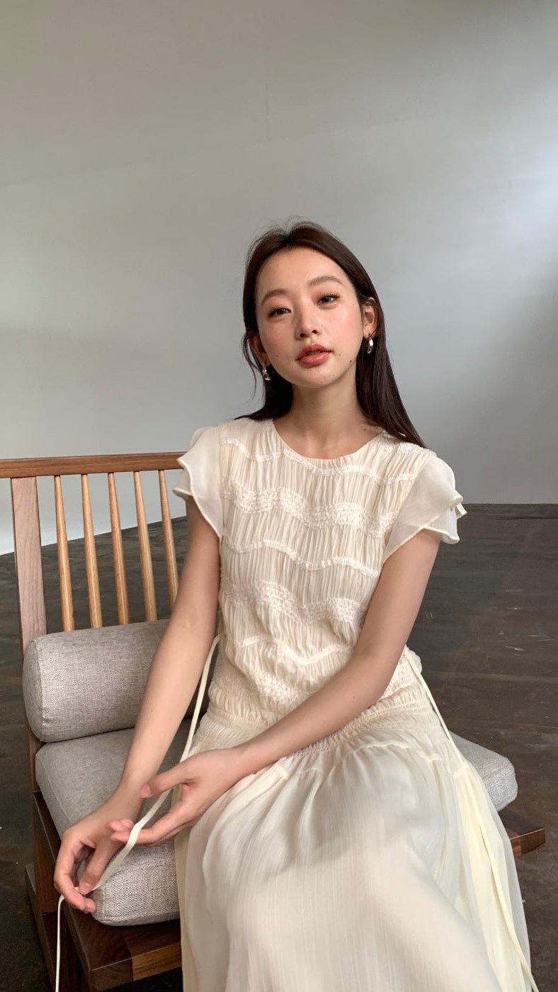 Premium designer heavy pleated short-sleeve elegant dress