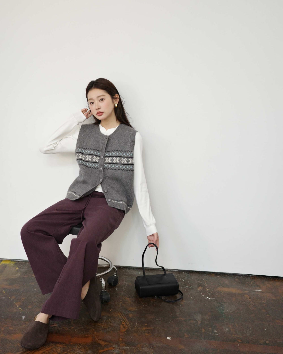 フレンチシック ピコ刺繍 ヘンリーネック リブTシャツ