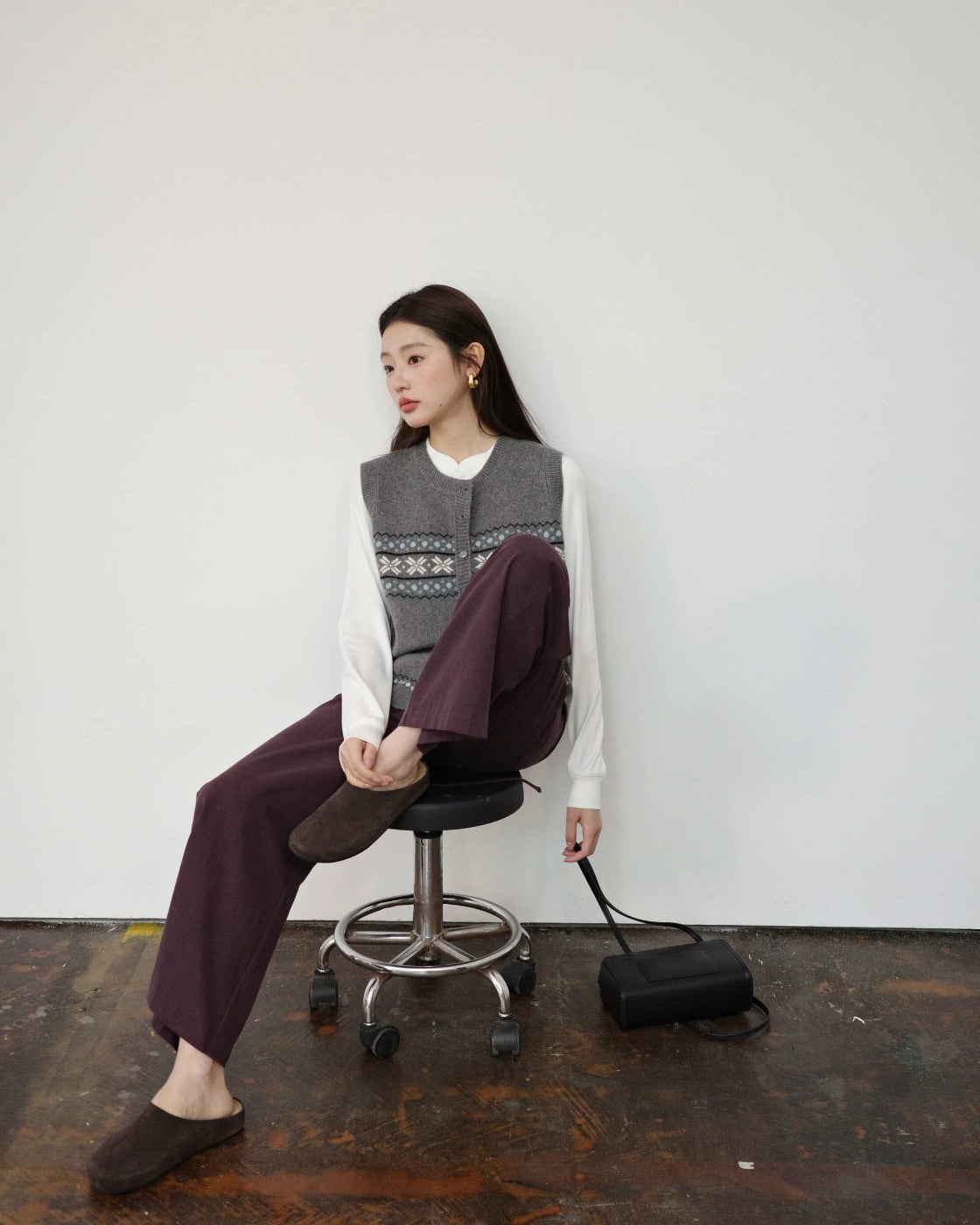 フレンチシック ピコ刺繍 ヘンリーネック リブTシャツ