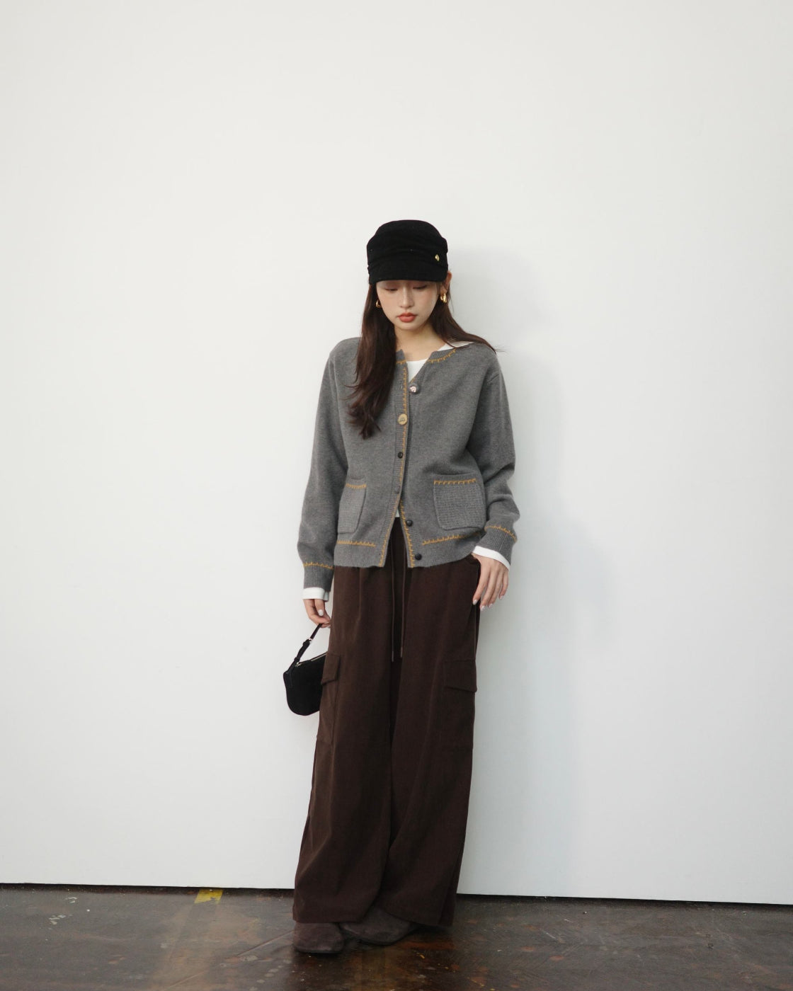 バイカラー & ポップコーン編み ソフト構築カーディガン