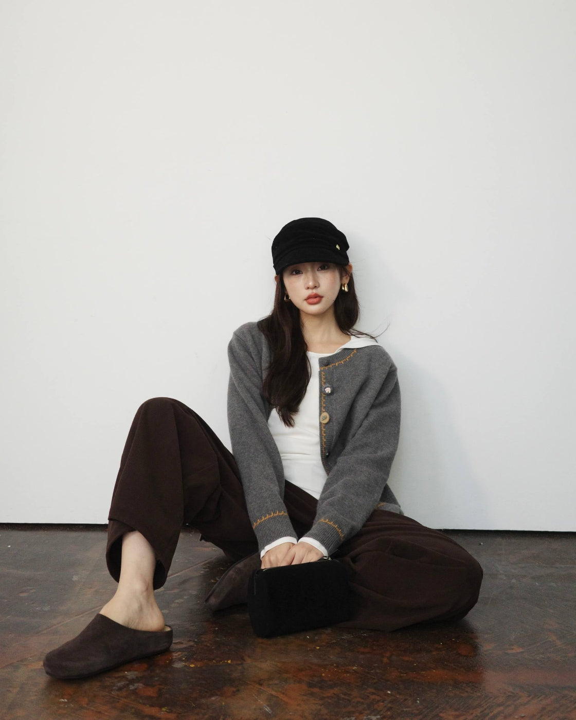 バイカラー & ポップコーン編み ソフト構築カーディガン