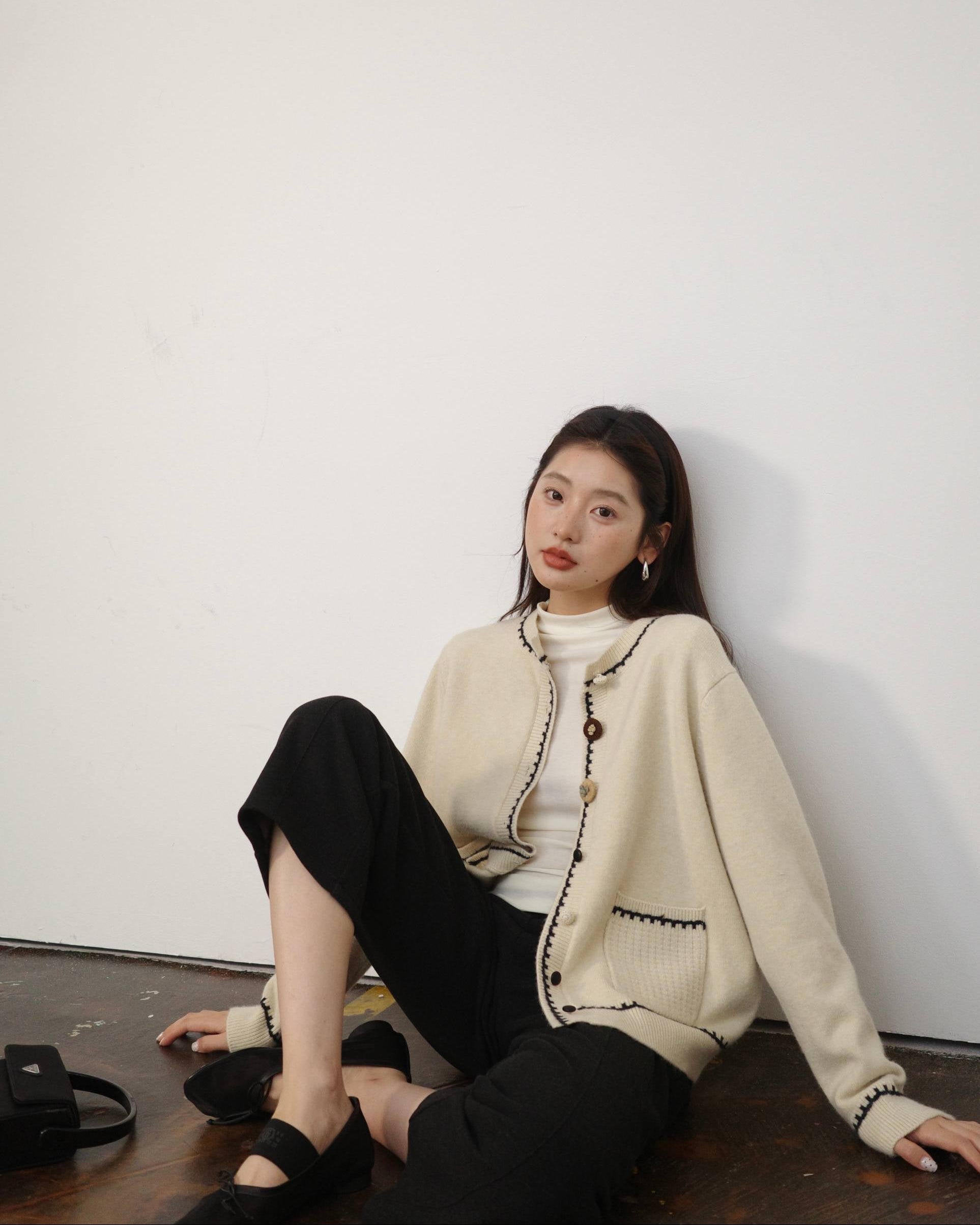 バイカラー & ポップコーン編み ソフト構築カーディガン