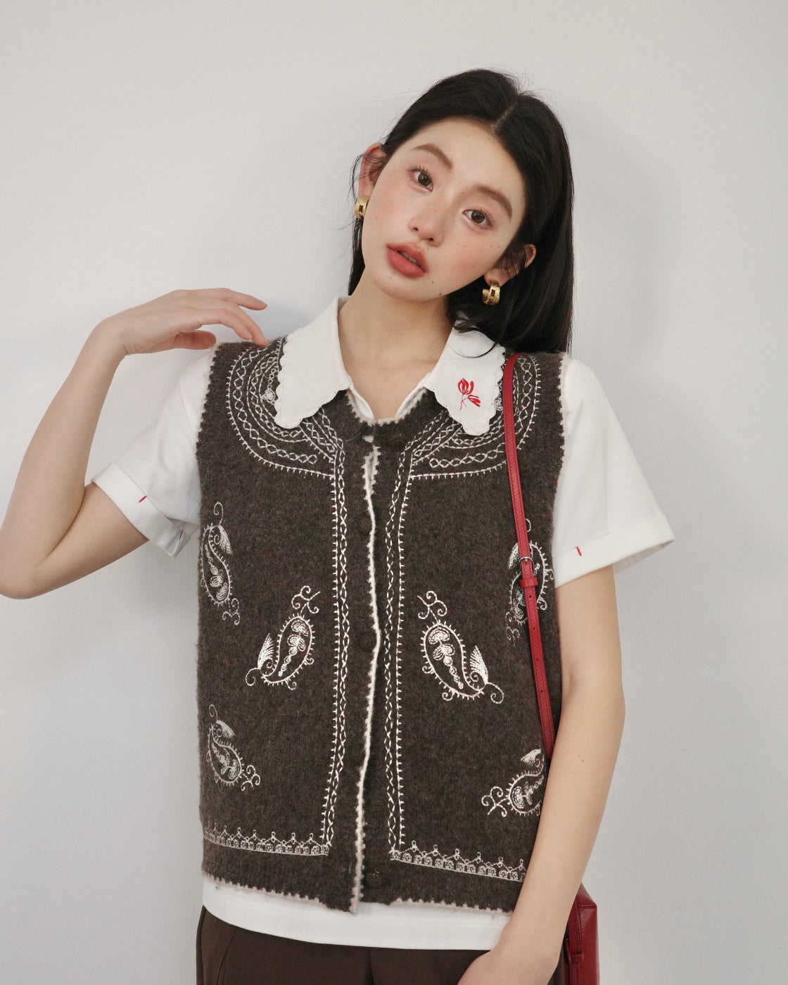 无花果Embroidered Relaxed Knit Vest