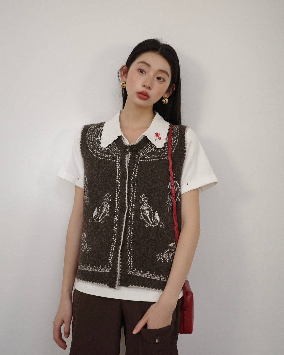 无花果Embroidered Relaxed Knit Vest