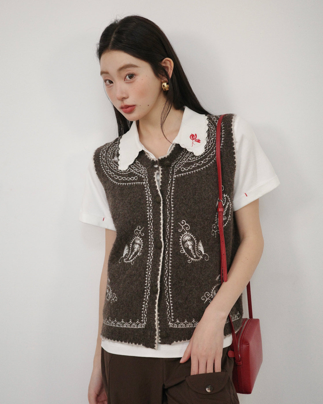 无花果Embroidered Relaxed Knit Vest