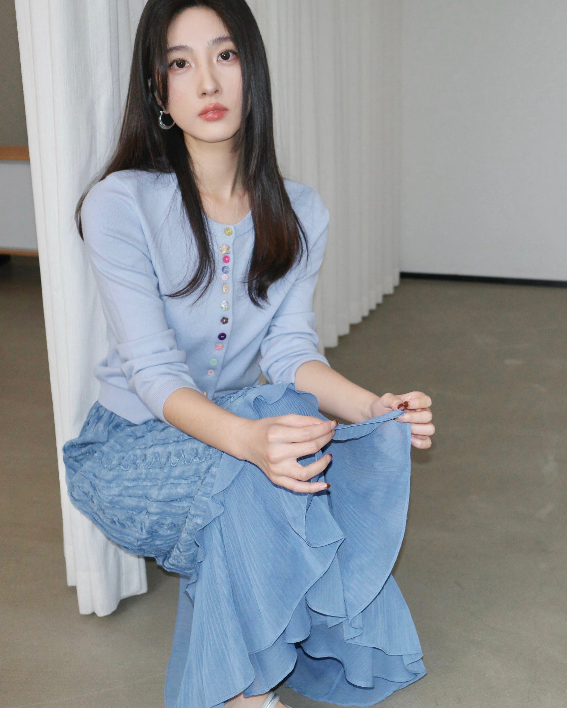 克莱因蓝Embroidered Full-Hem Skirt with Ruffle Detail