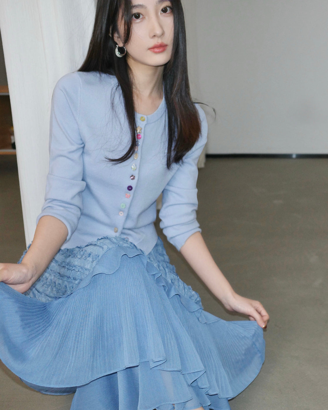 克莱因蓝Embroidered Full-Hem Skirt with Ruffle Detail