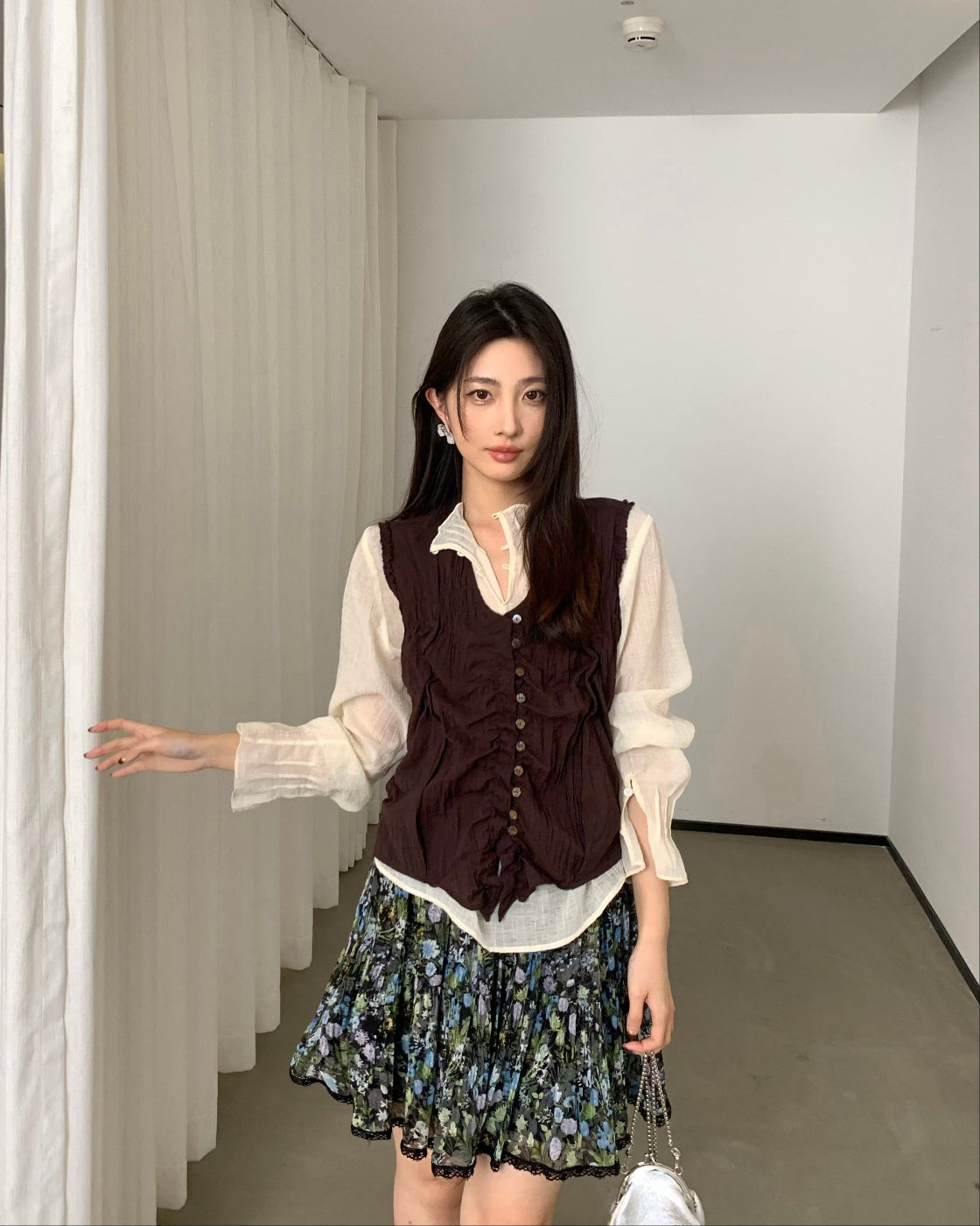 斑斓Floral Print A-Line Midi Skirt with Elastic Waist