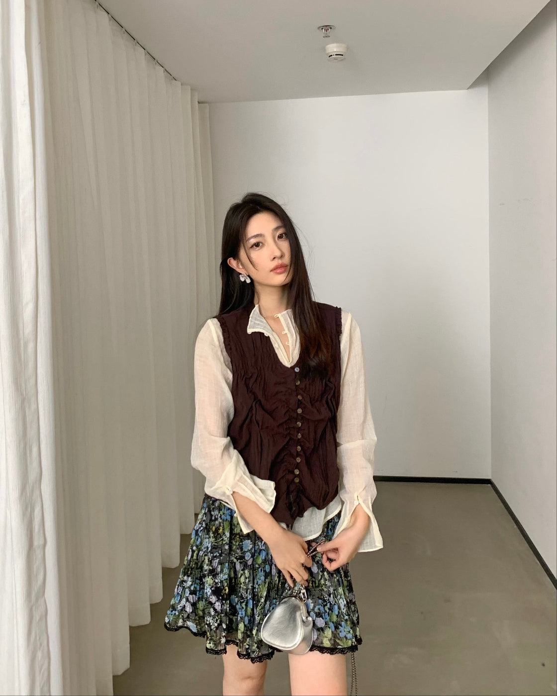 斑斓Floral Print A-Line Midi Skirt with Elastic Waist