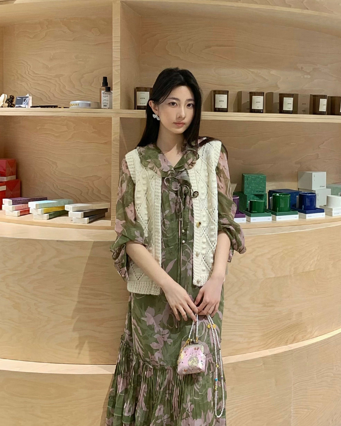浓颜海棠Printed Long-Sleeve Midi Dress