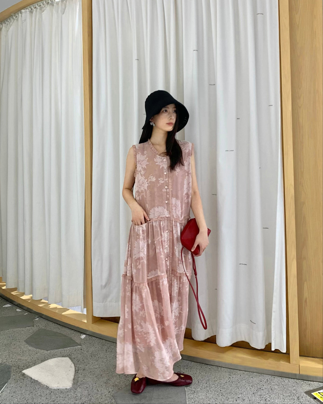花笙笙Sleeveless Full-Skirt Dress with Pleated Waist