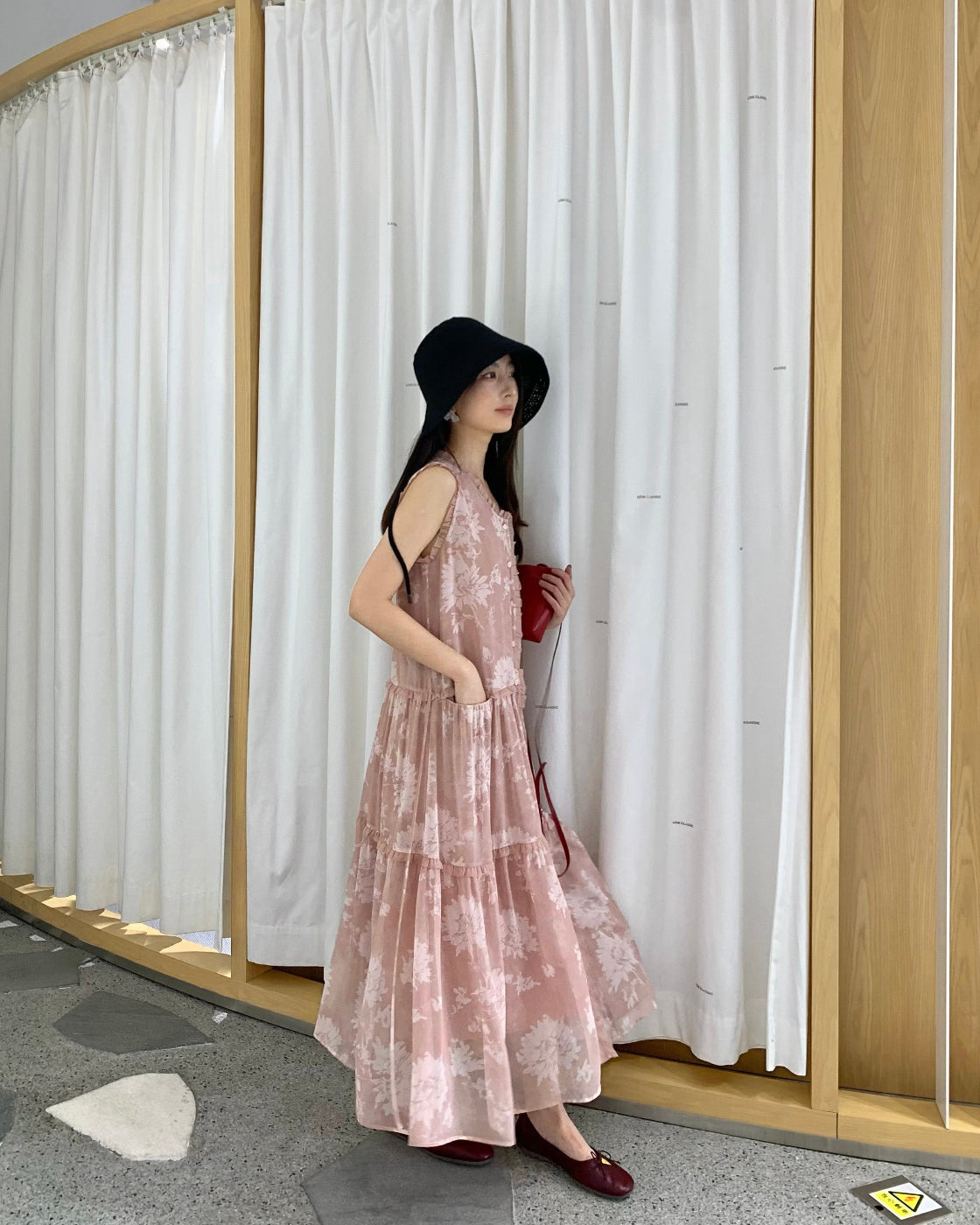 花笙笙Sleeveless Full-Skirt Dress with Pleated Waist