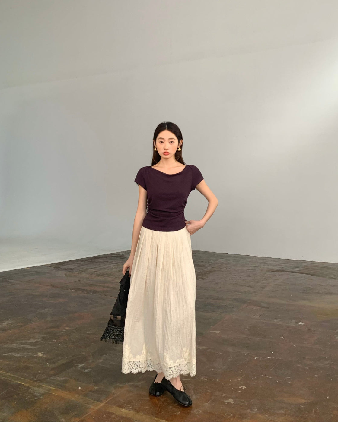 松木3-Way Neck Fitted Tee with Gathered Waist