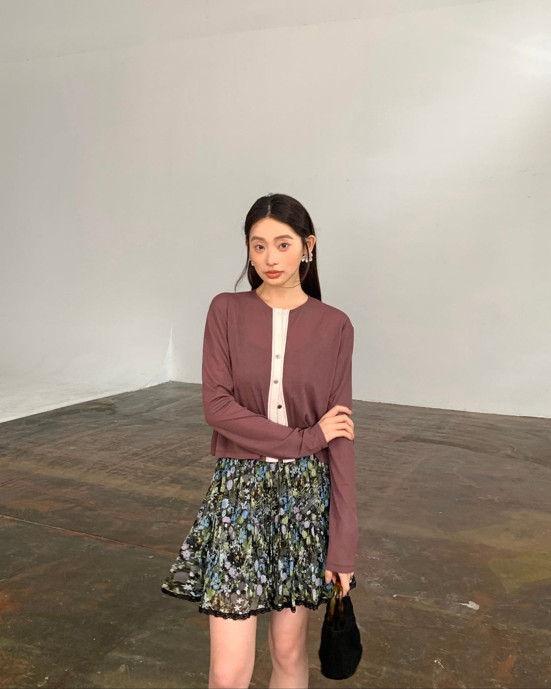 斑斓Floral Print A-Line Midi Skirt with Elastic Waist
