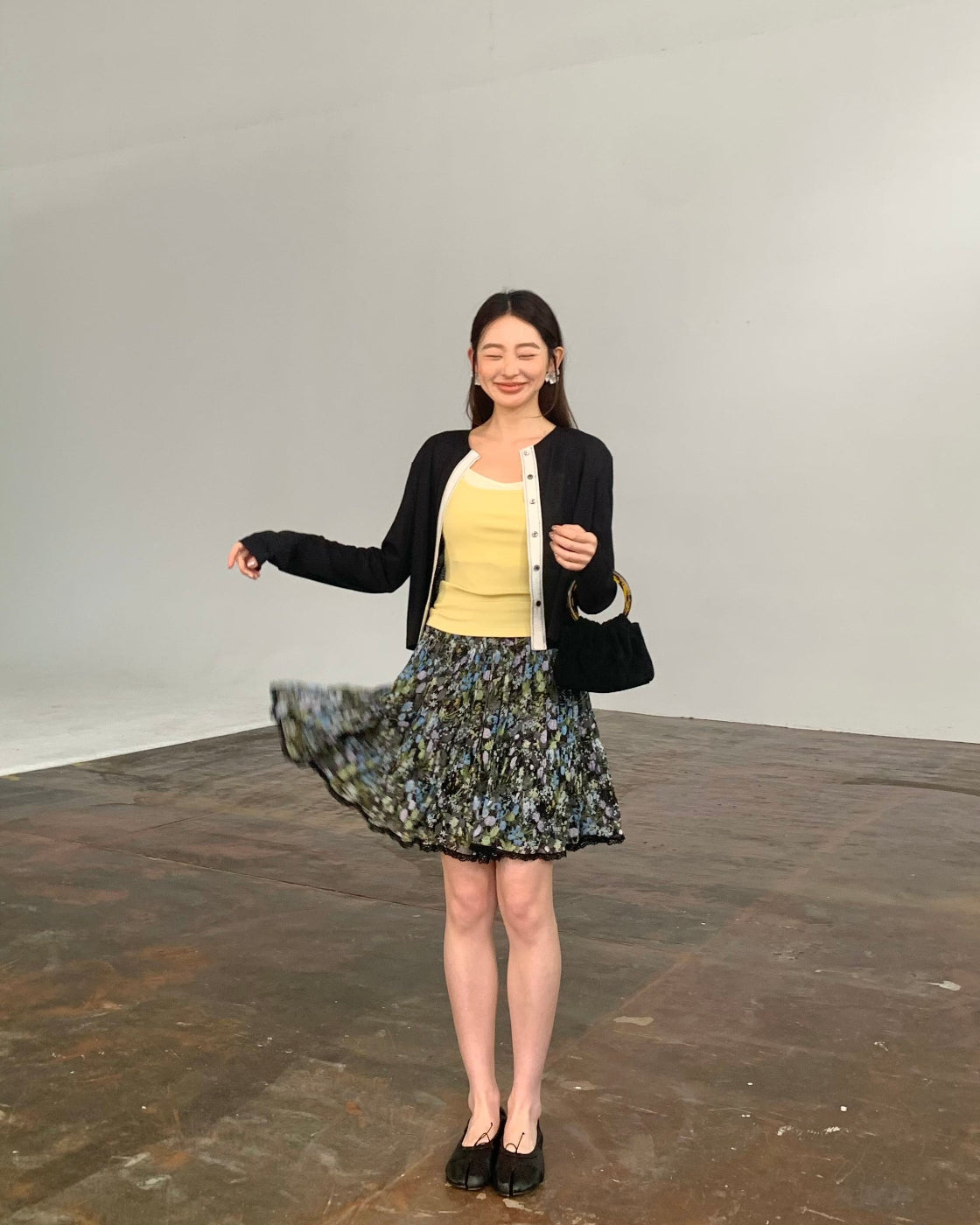 斑斓Floral Print A-Line Midi Skirt with Elastic Waist