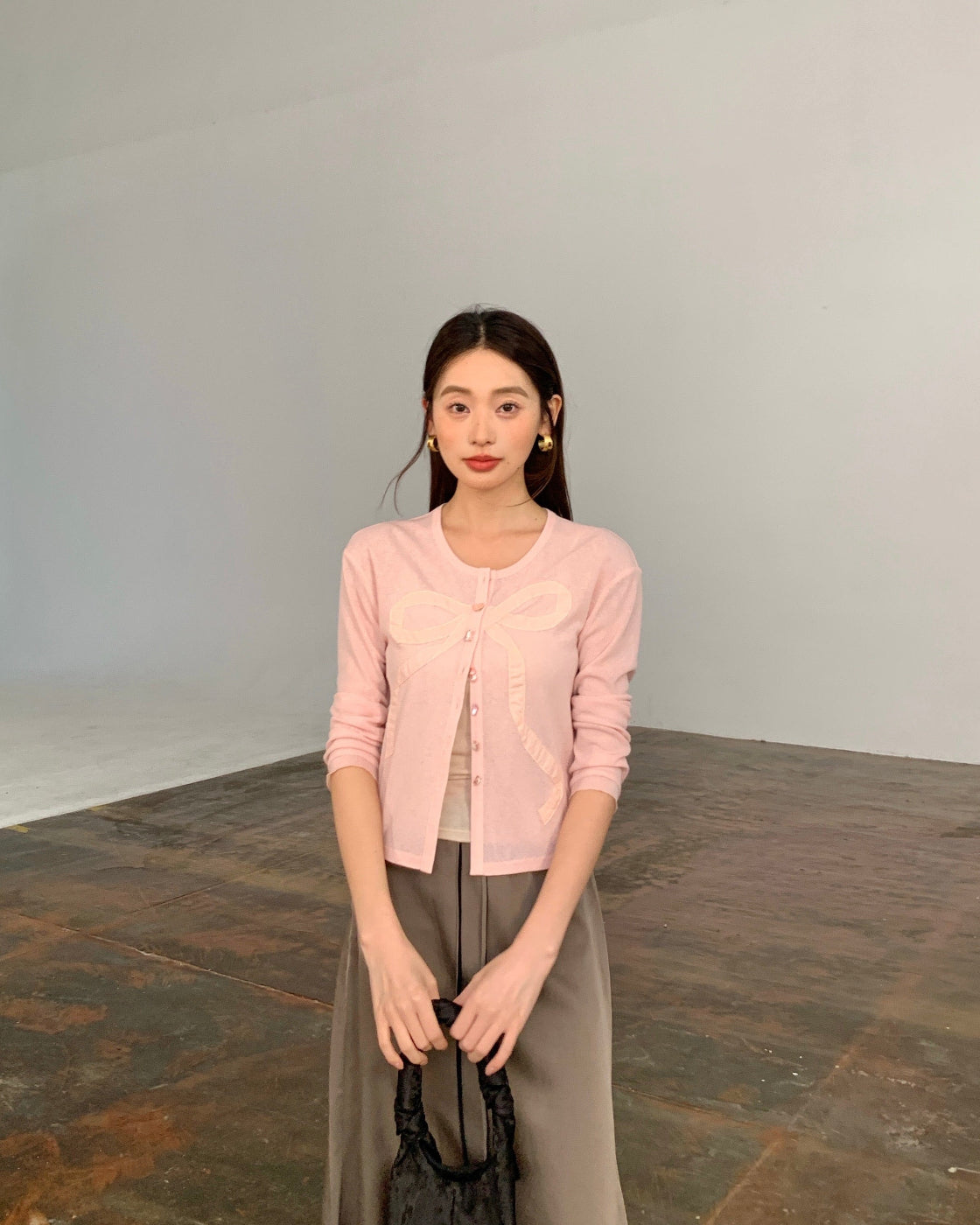 甜渍Sheer Knit Open-Front Cardigan with Bow Detail