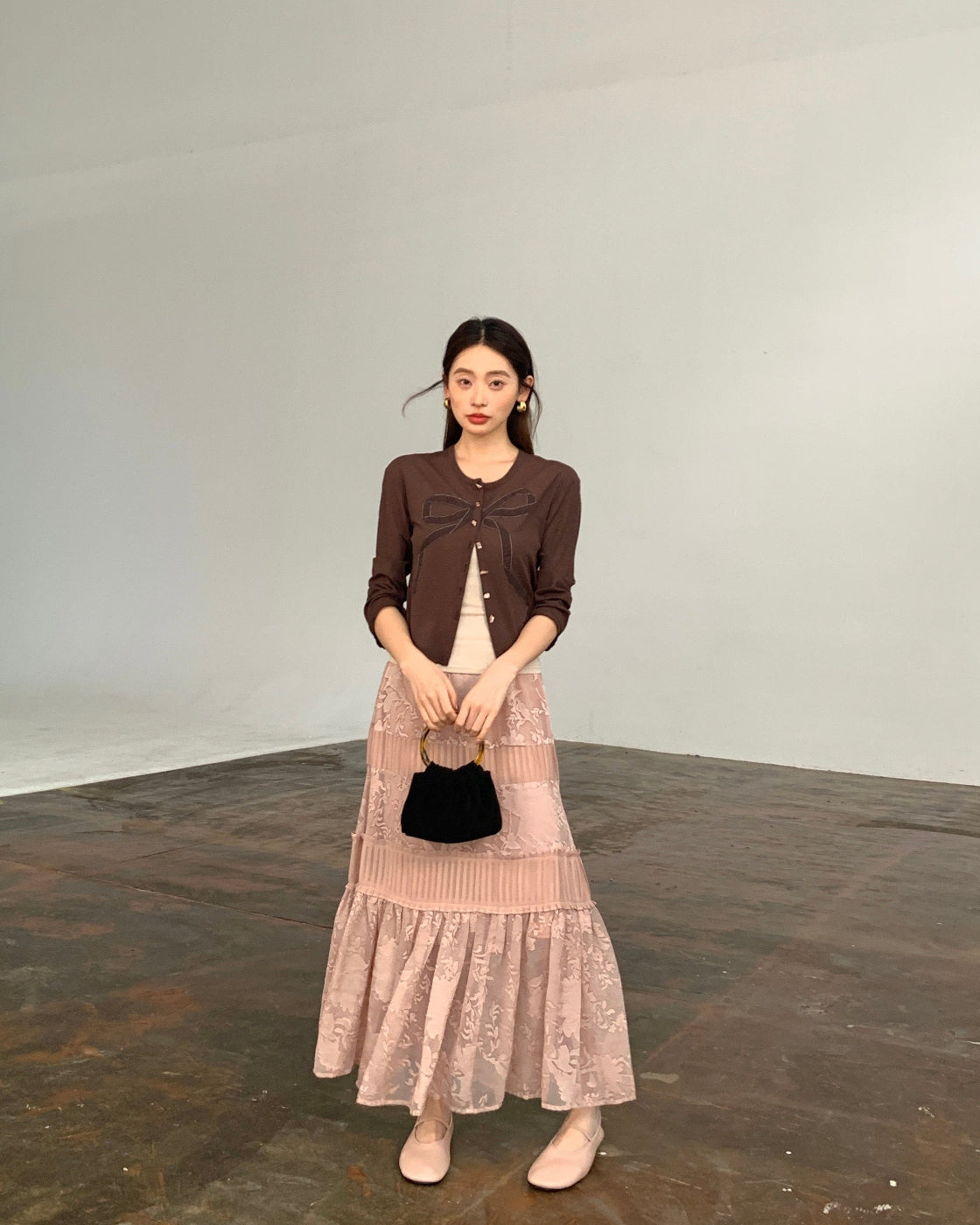 甜渍Sheer Knit Open-Front Cardigan with Bow Detail