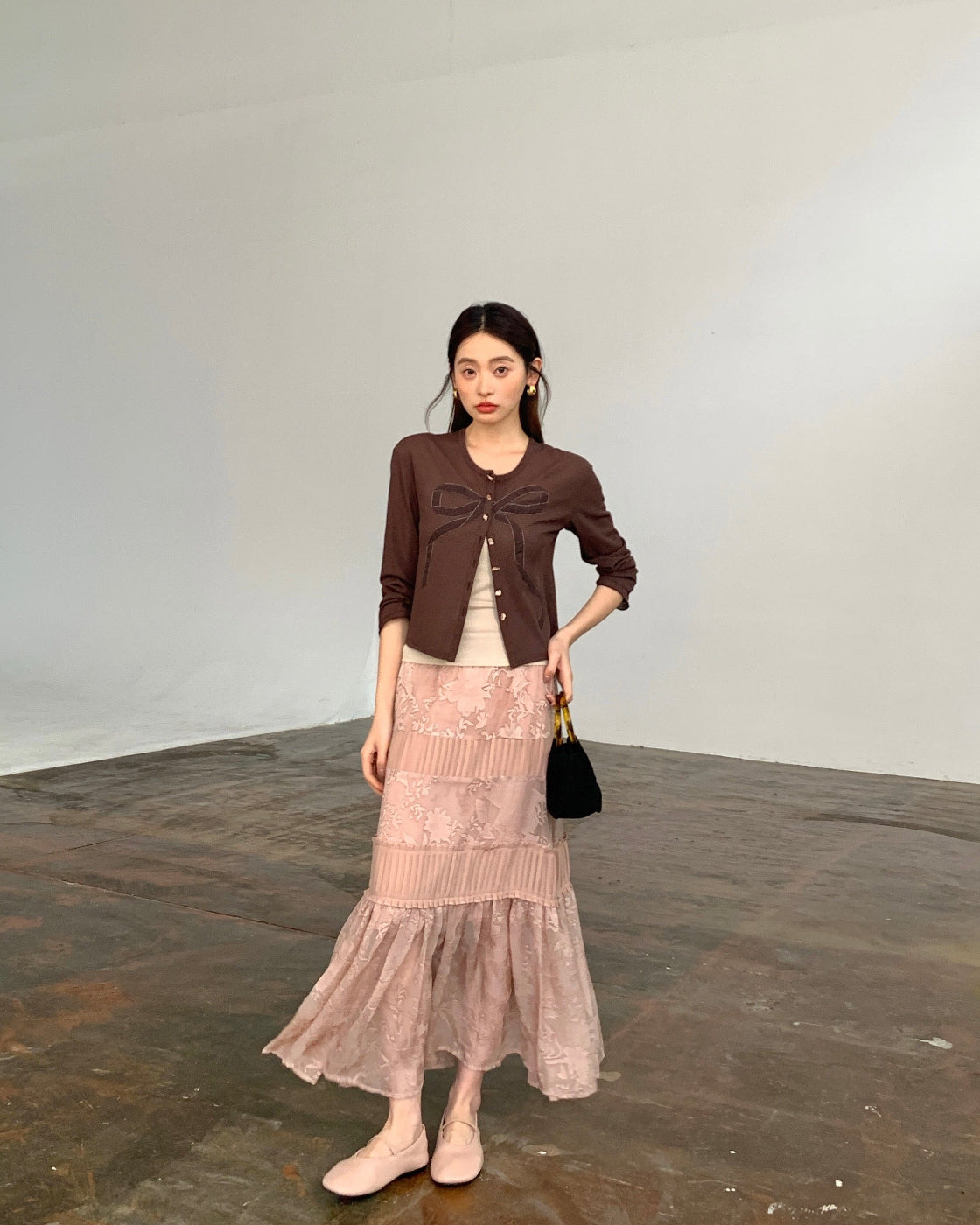甜渍Sheer Knit Open-Front Cardigan with Bow Detail