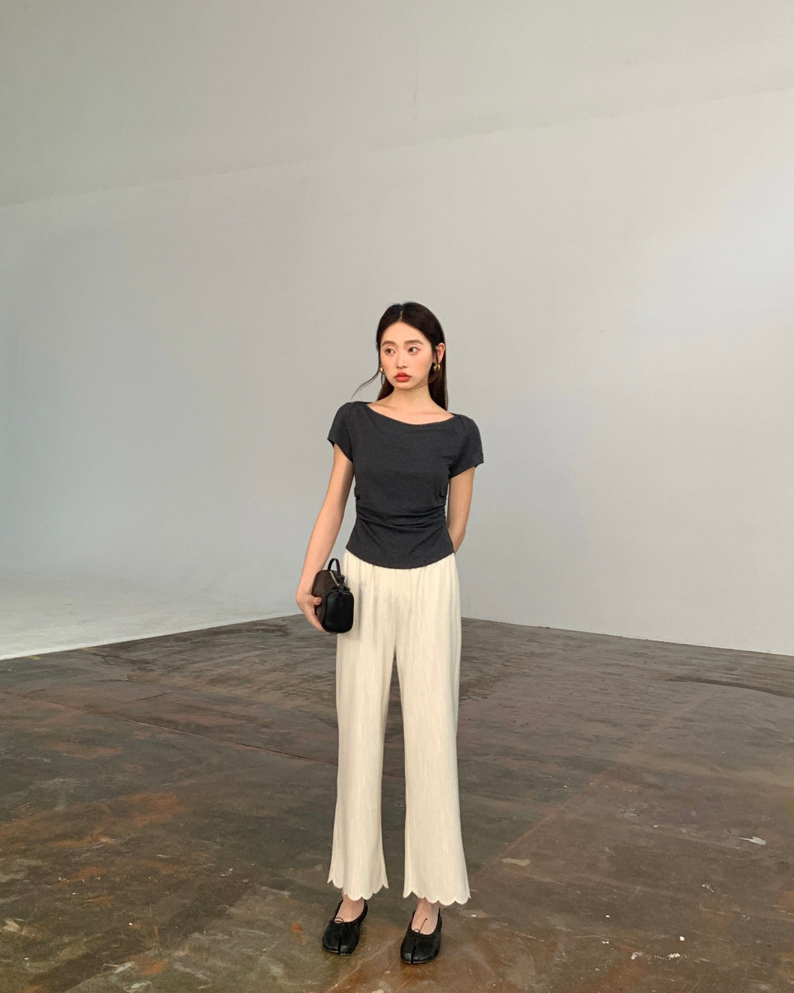 Linen-Blend Wide-Leg Cropped Pants with Elastic Waist
