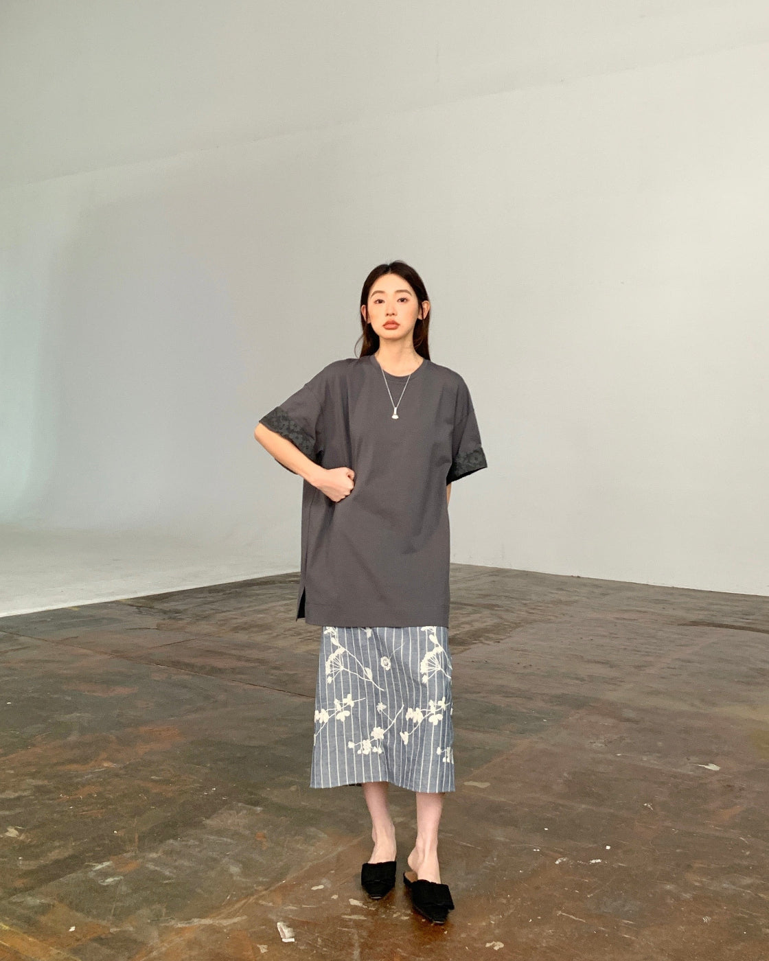 Oversized Drop-Shoulder Tee with Lace Splice