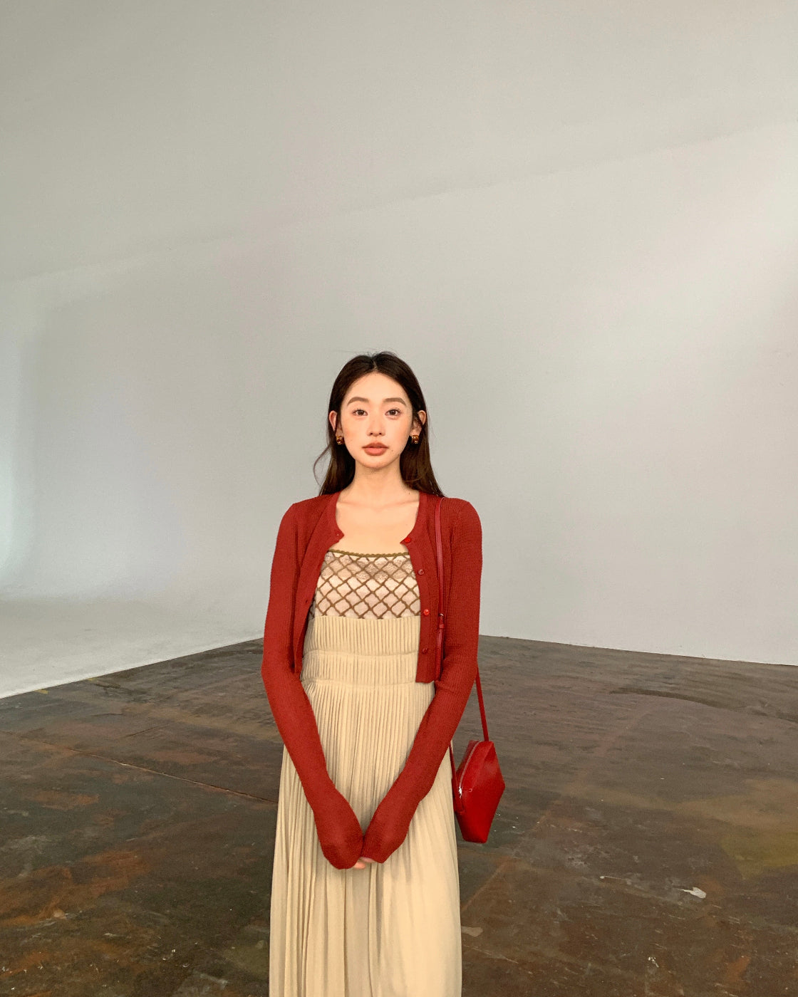 古董Flowy Midi Slip Dress with Lace Splice & Waist Belt