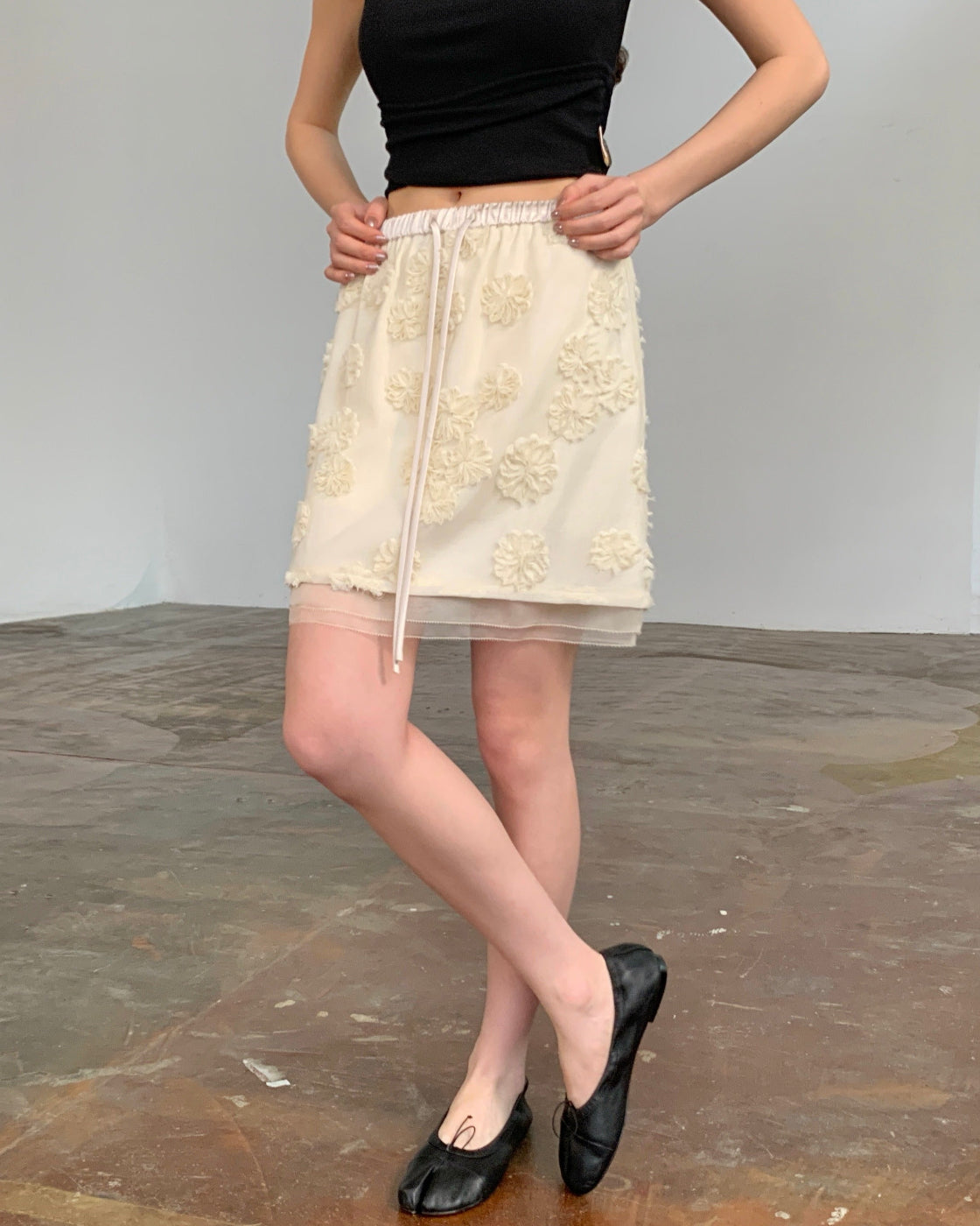 Hand-Cut Floral Mini Skirt with Elastic Waist