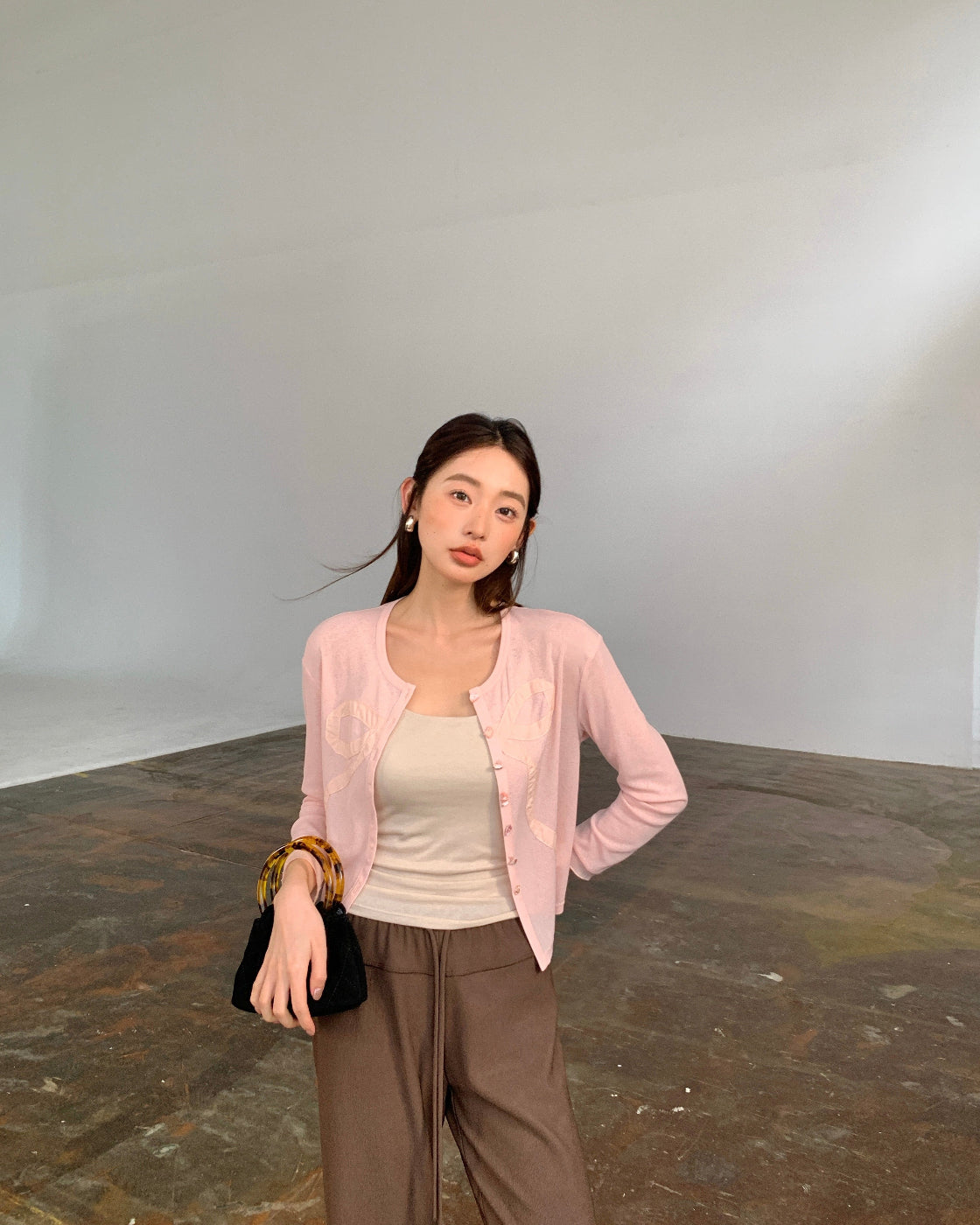 甜渍Sheer Knit Open-Front Cardigan with Bow Detail