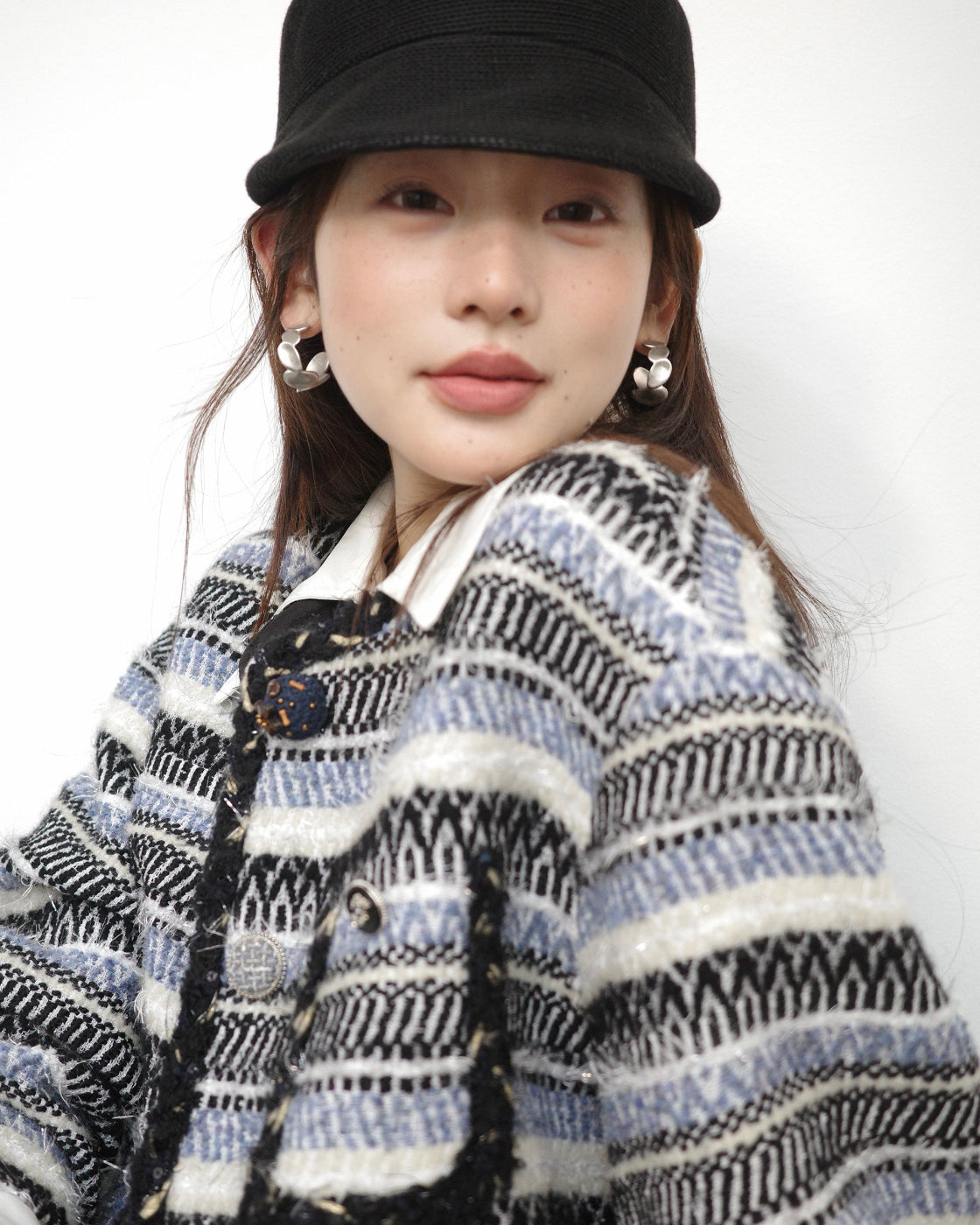 デニムブルー ミックスツイード調 オーバーサイズコート