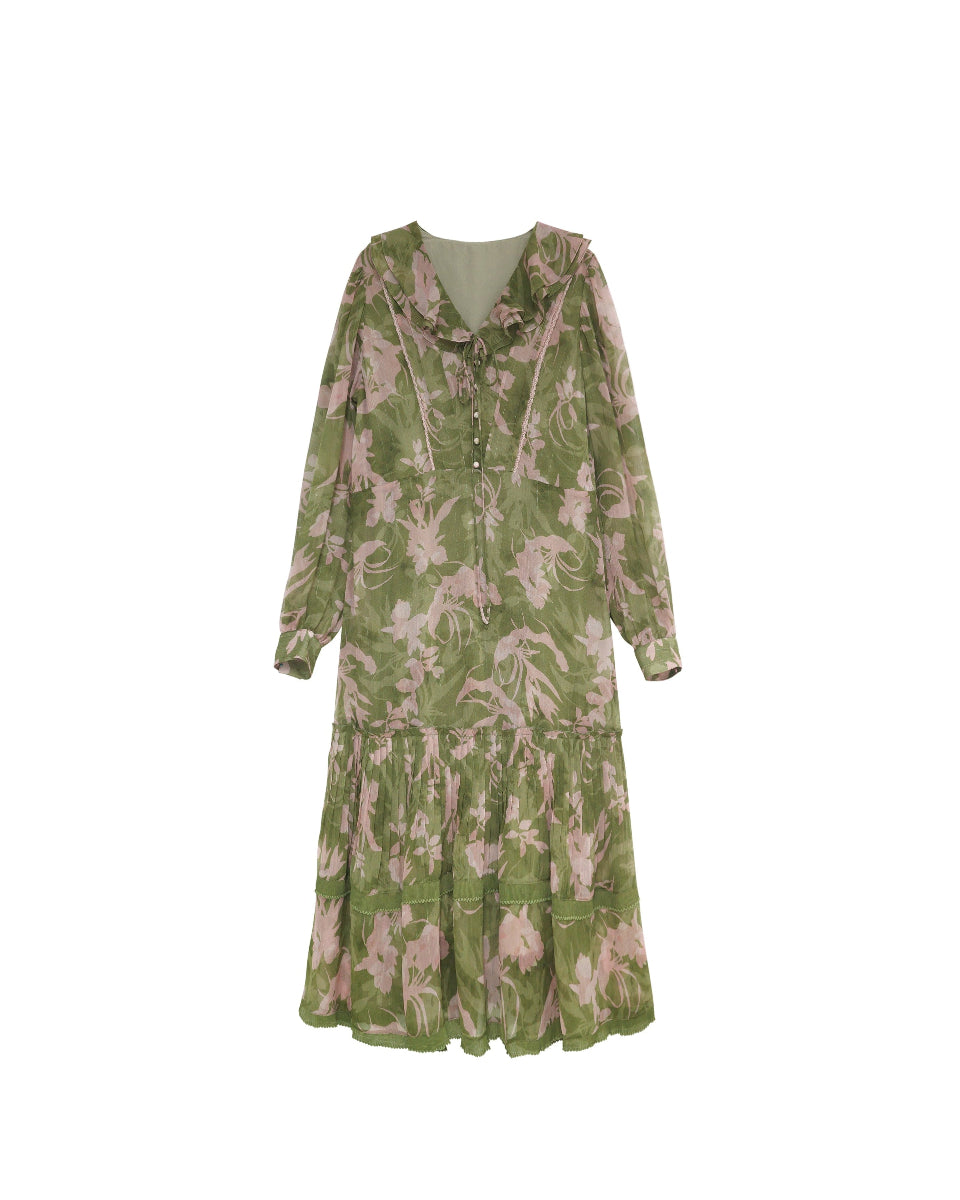 浓颜海棠Printed Long-Sleeve Midi Dress