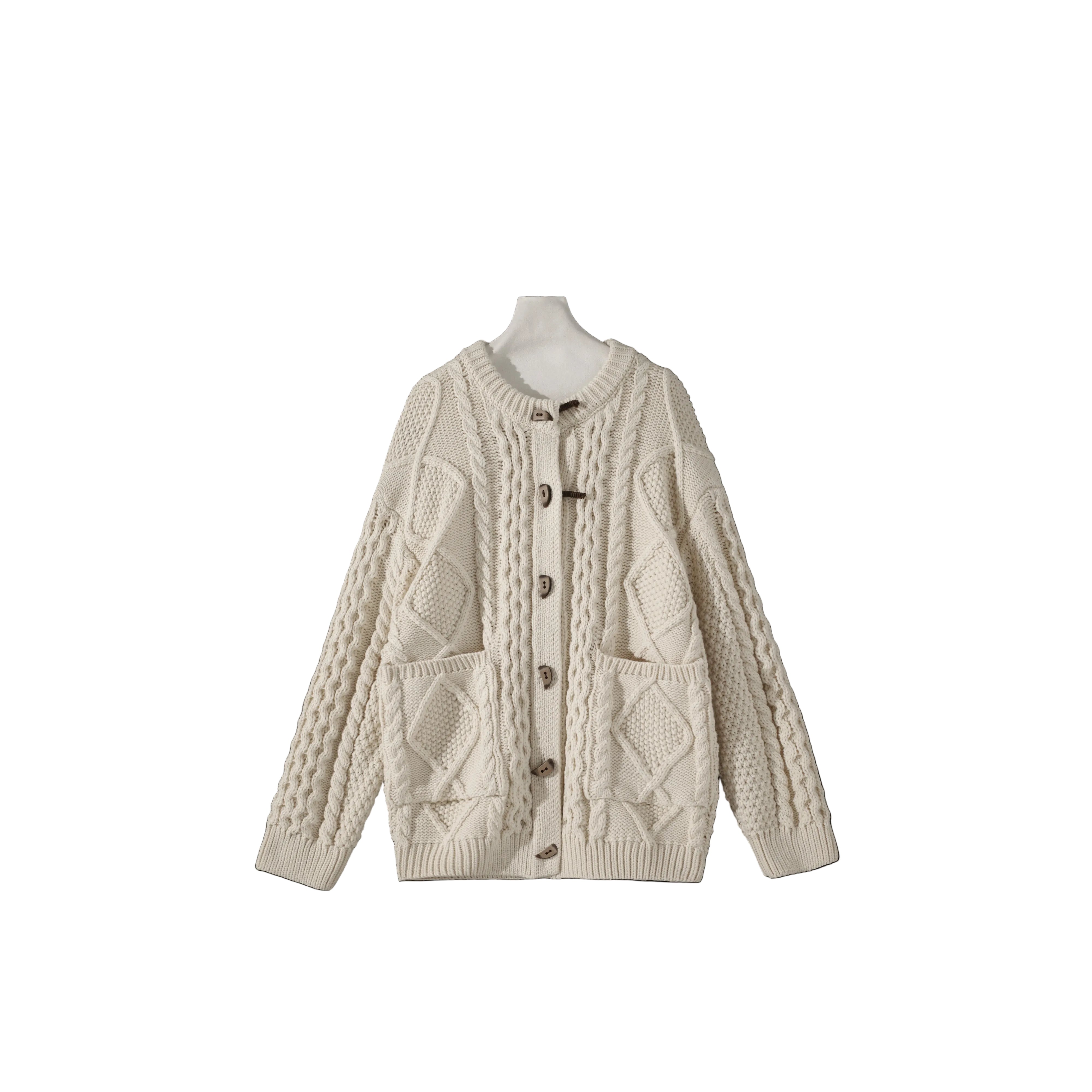 3Dアラン模様 & 本革トグル ヴィンテージ・コクーンカーディガン