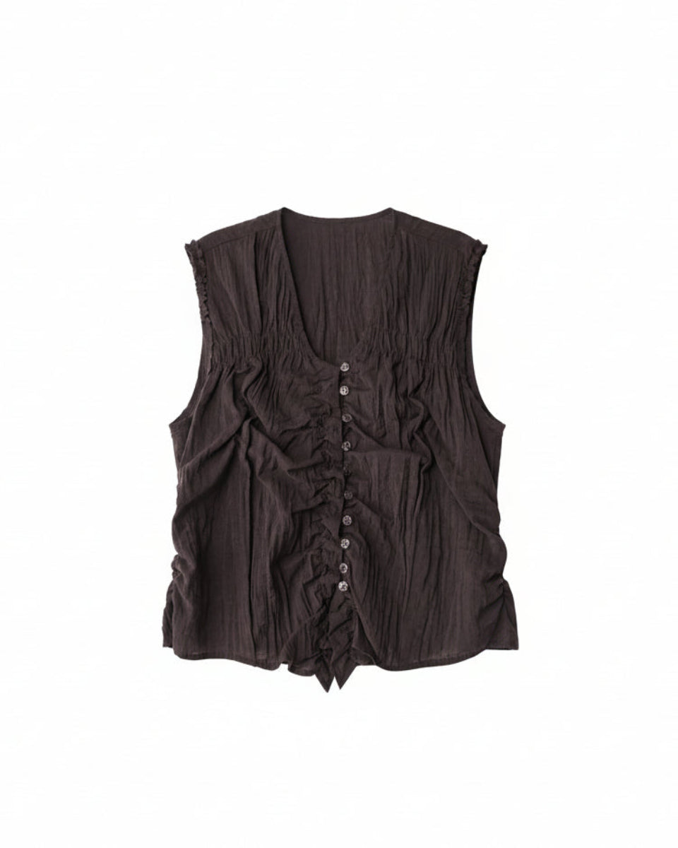 乌苏梅子Smocked Linen-Texture Sleeveless Vest