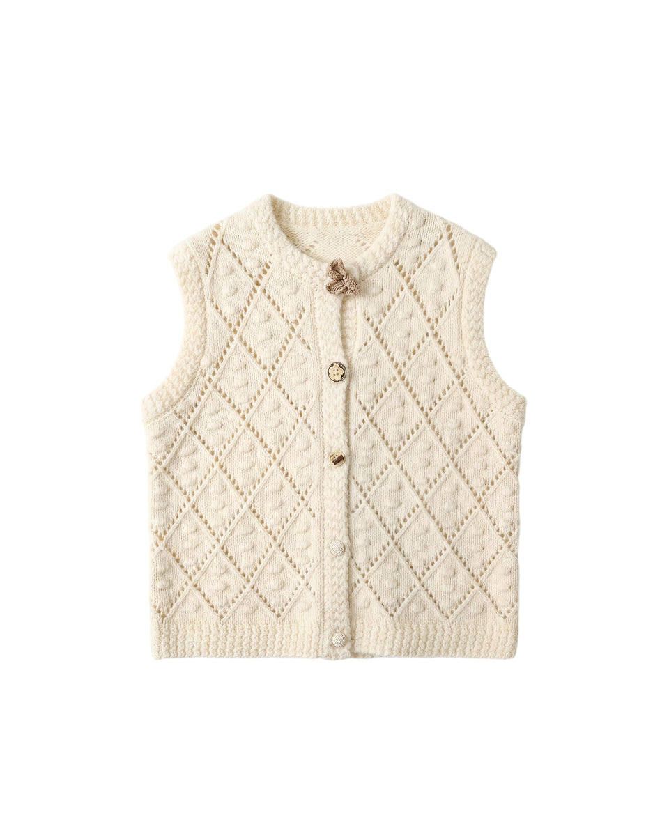 木茶Square-Shoulder Open-Knit Vest with Mixed Buttons