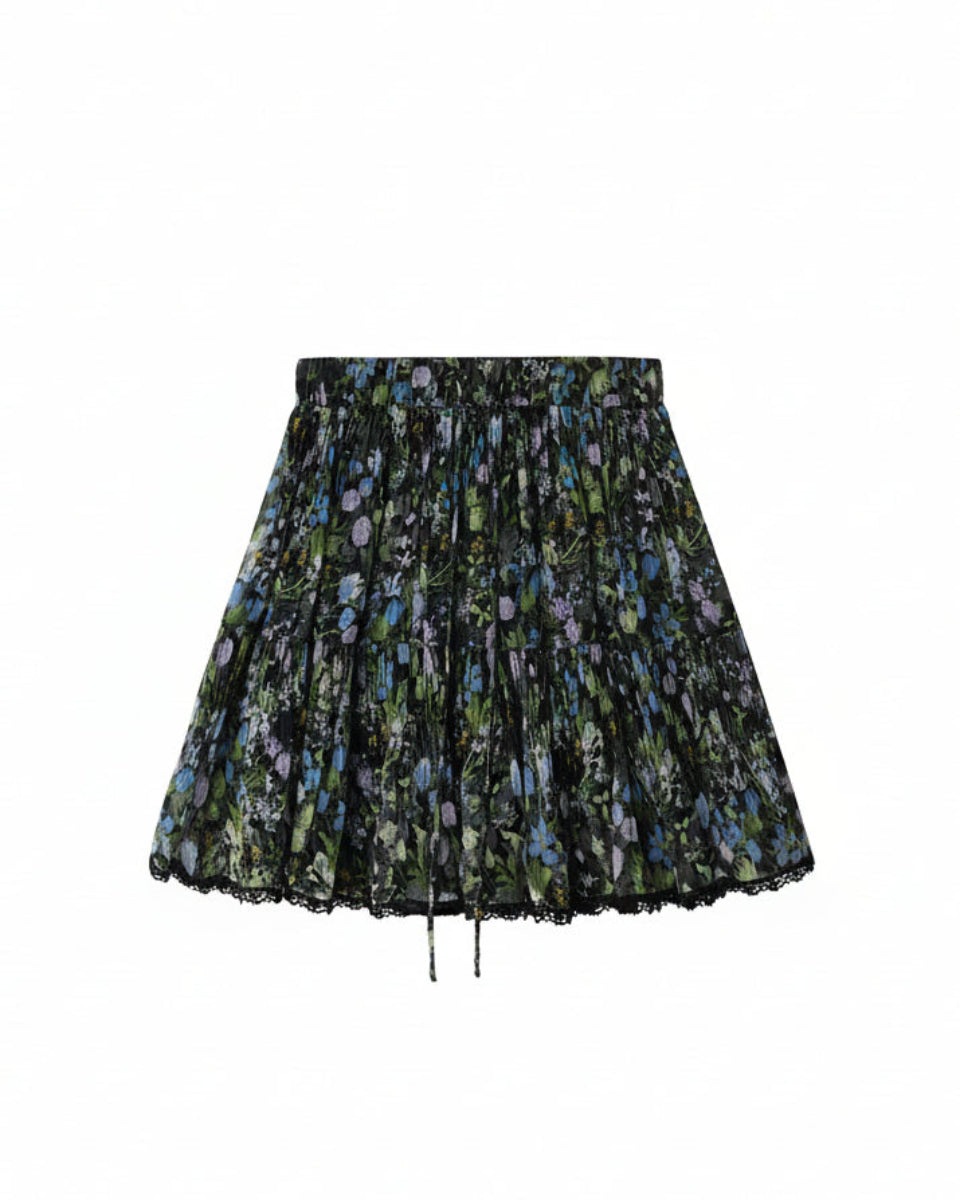 斑斓Floral Print A-Line Midi Skirt with Elastic Waist