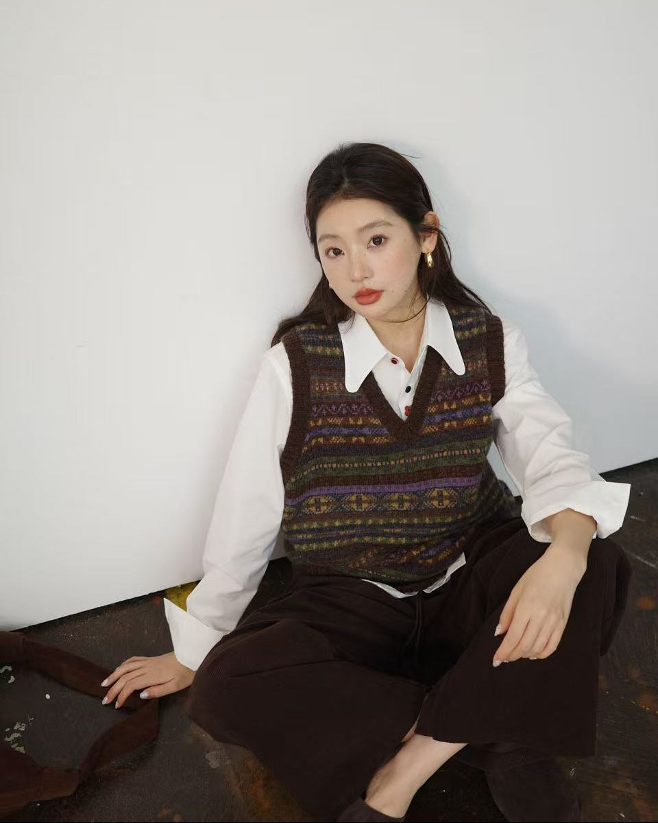 フェアアイル柄 ピュアウールニット アンサンブル（カーディガン＆ベスト）