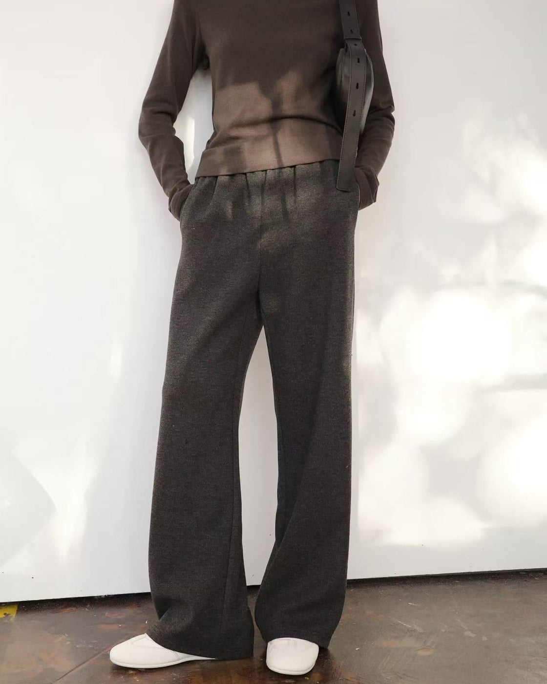 ウールブレンド サイドライン 厚手ニットパンツ