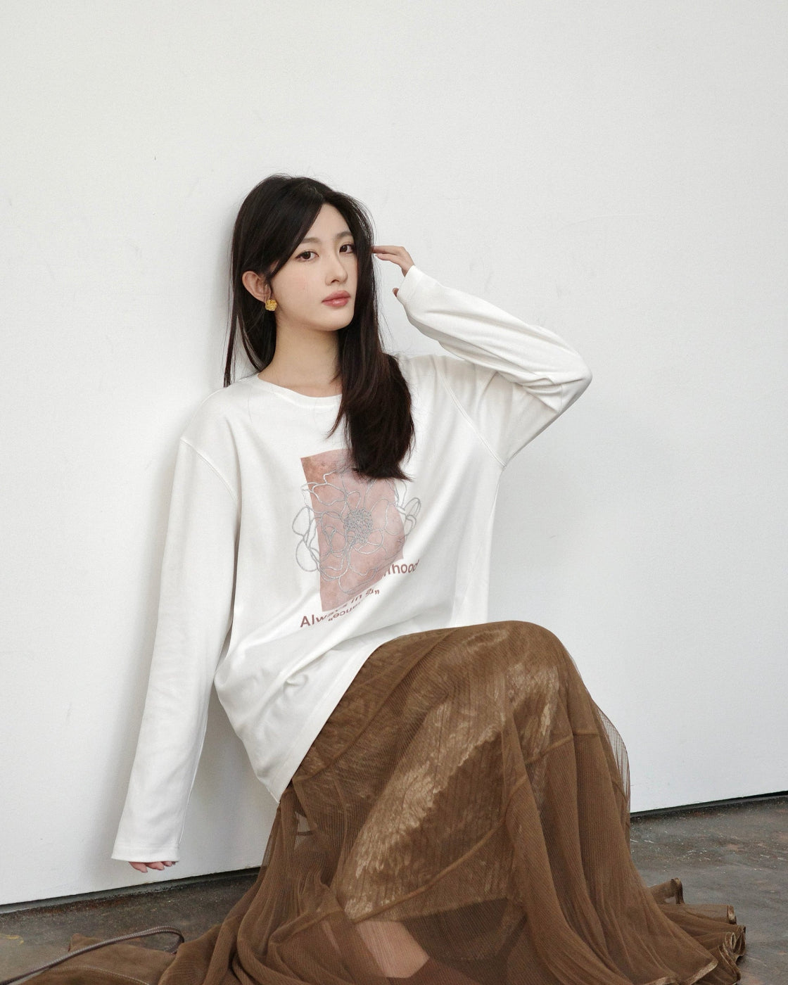 여성용 독특한 부조 텍스처 장미 티셔츠